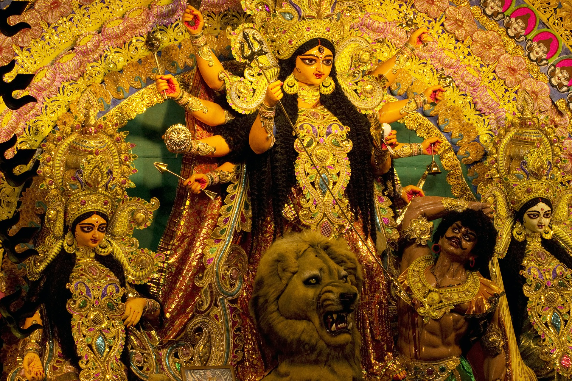 An idol of Mother Goddess Durga on a roaring lion